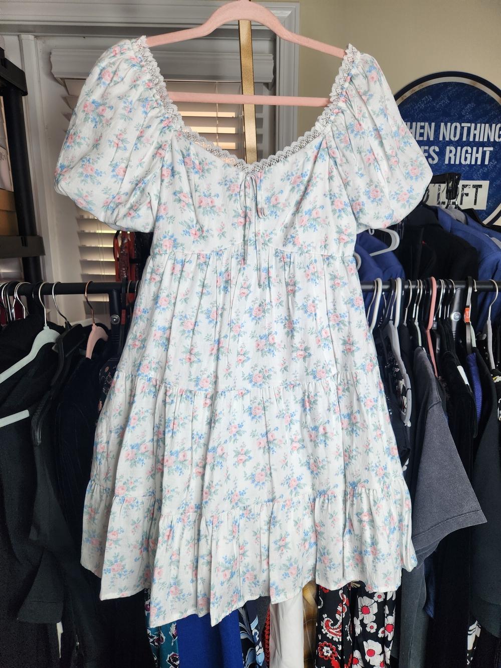 Altar'd State Pastel Blue & Pink Floral Puff-Sleeve Mini Dress